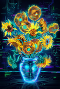Cyber Sunflowers Wall Art - Neon Glitch Van Gogh Remix, Futuristic Floral Mural